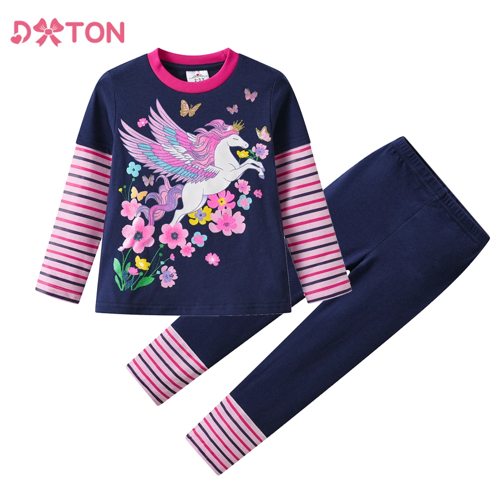 DXTON Spring Autumn Children Casual Set Girls Tops+Long Pants Kids Suit Two-piece Cartoon Floral Striped Toddler Daily Clothing