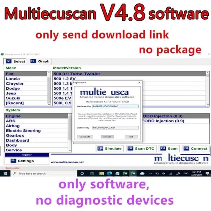 Multiecuscan V4.8 Registered+Unlimited Activator for Fiat Scanner Multi Ecu Scan Work With ELM327 OBDII Diagnostic Tool