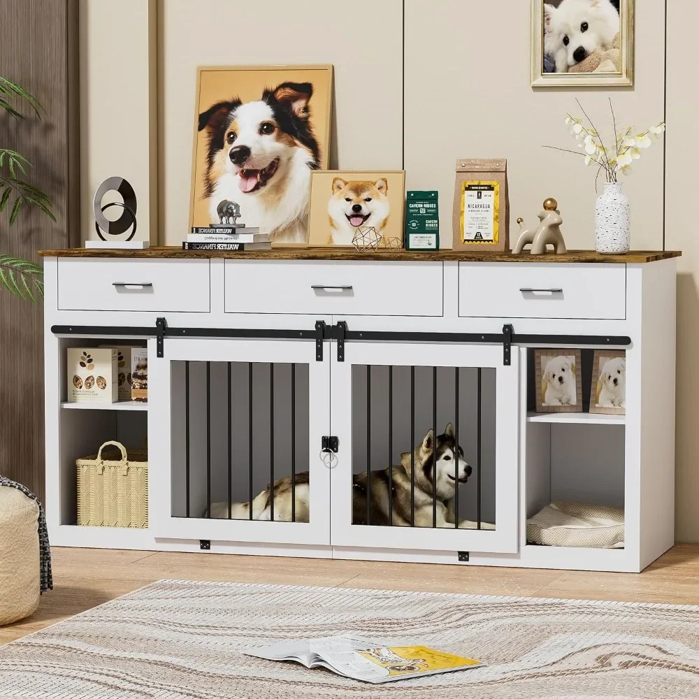 

Large Dog Crate Furniture, 70.9" Dogs Crate Kennel with 3 Drawers and Divider, Indoor Extra Large Dog Kennel Furniture TV Stand