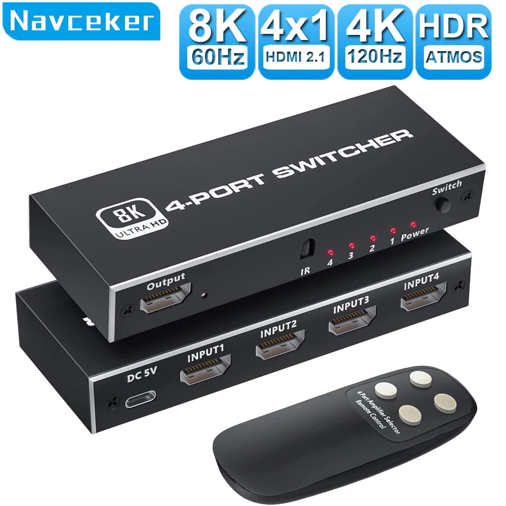 

2024 Коммутатор HDMI 2,1-совместимый 4 в 1 выход 2 в 1 8K 60 Гц 4K 120 Гц переключатель сплиттер адаптер IR Remote для PS5 PS4 проектора