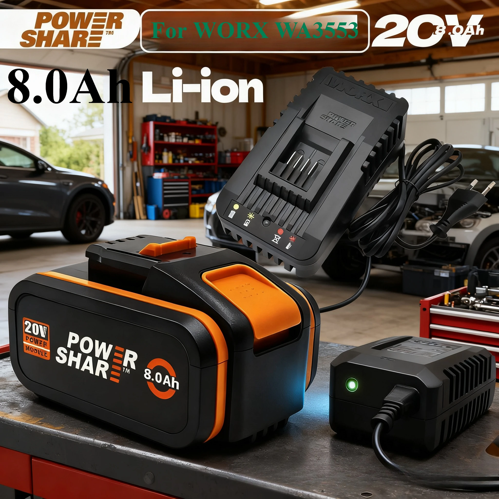 

For WORX Compatible with 20V 8.0Ah WA3551 WA3553.1 WA3570 Rechargeable Battery for WORX WA3551 WA3553.1 WA3570 Power Tools
