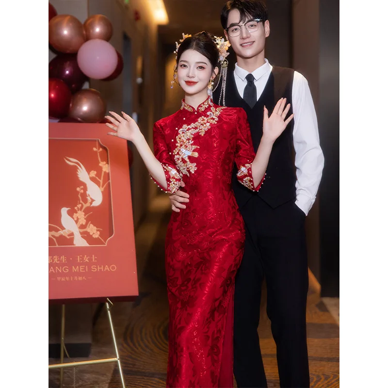 

Yourqipao красный Cheongsam тост одежда женское обручальное китайское платье юбка с длинным рукавом осень и зима Новый год Qipao