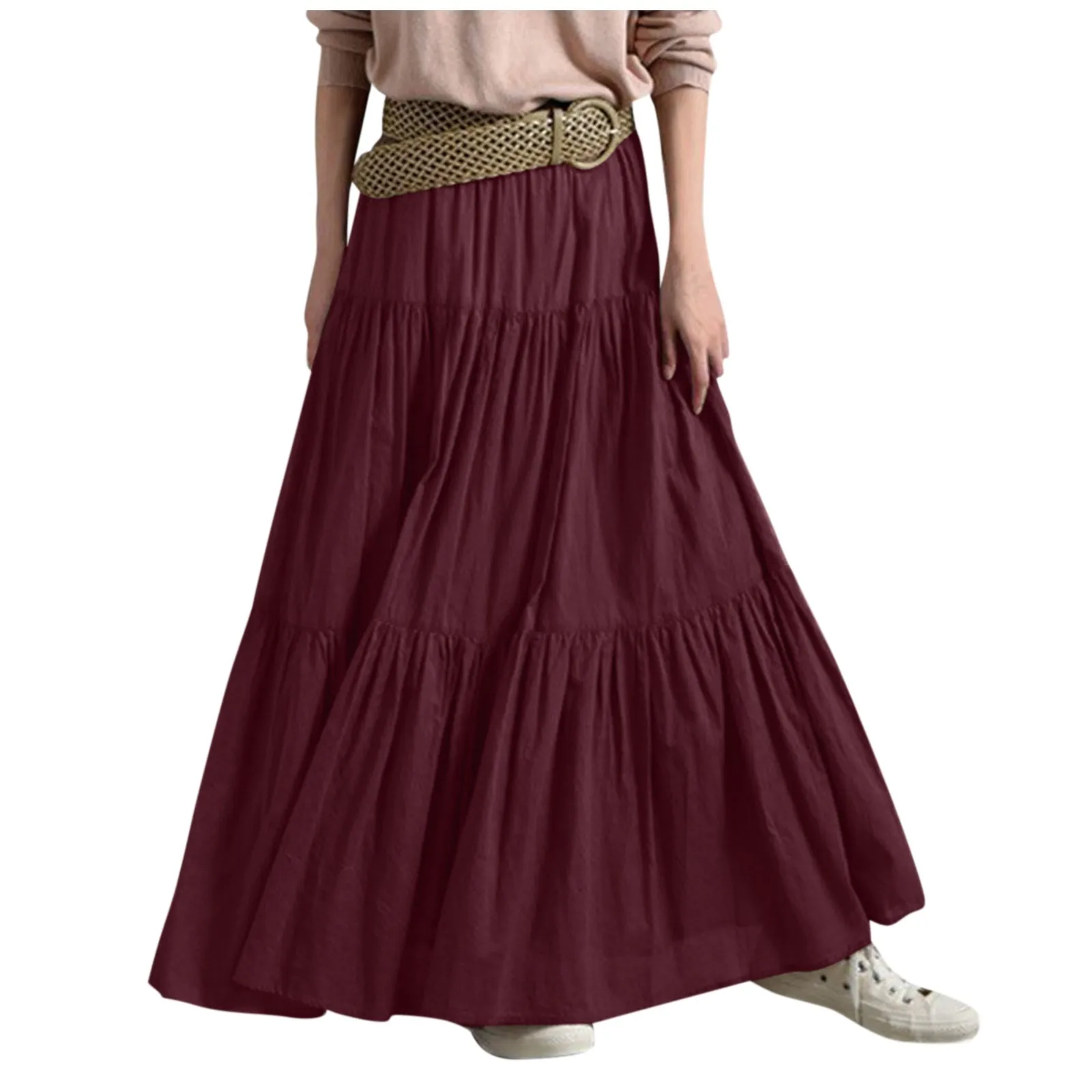 Ladies All-Match Solid Color Casual Ruffle Large Swing Hem Maxi Dress Women’s Office Lady Vintage A-Line Pleated Long Half Skirt