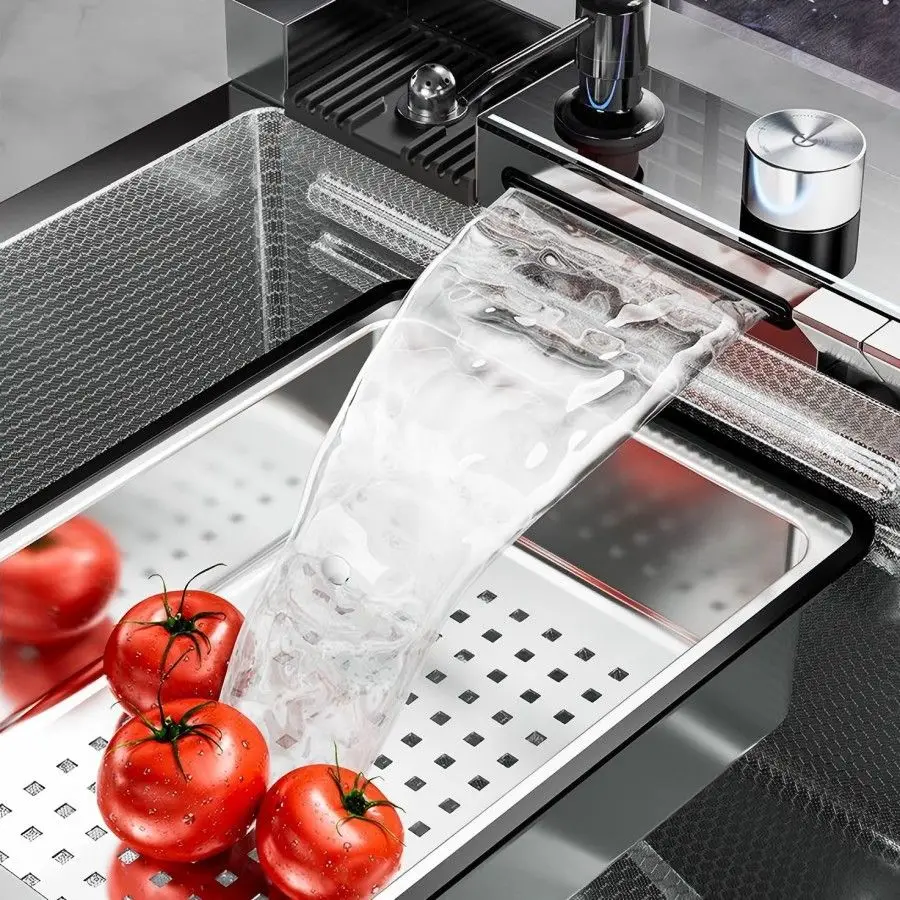 Large Single Slot Integrated Digital Display Gray Waterfall Faucet Soap Dispenser Cup Washer Pure Tap Nano Black Kiten Sink