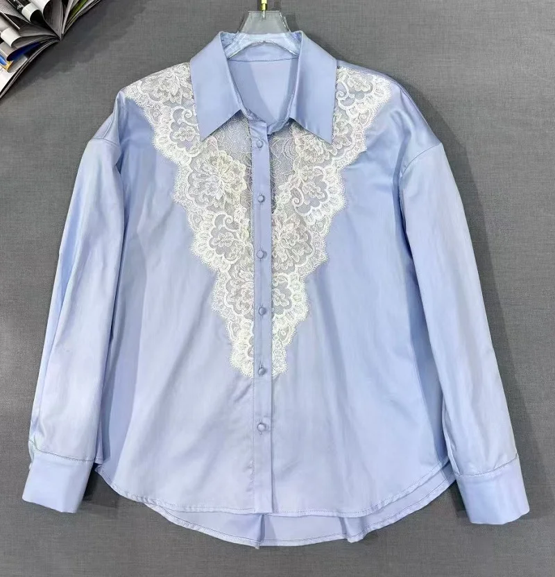 High Quality Brand New Blouses 2025 Spring Fashion Blue White Shirts Ladies Turn-down Collar Sexy Tulle Lace Patchwork Shirts