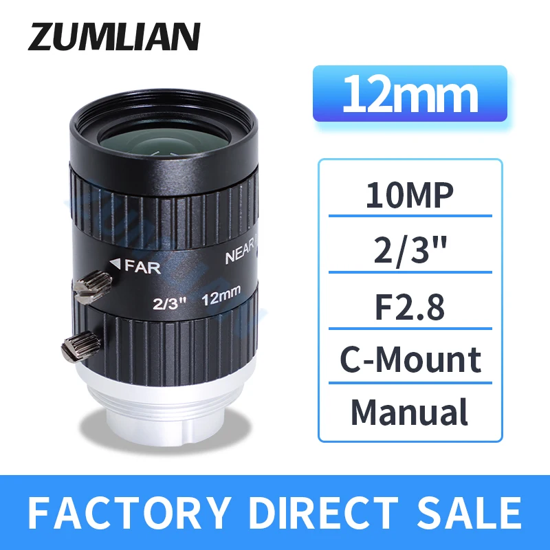 

ZUMLIAN 10MP Lens 12mm Macro C-Mount Lens 2/3 Inch Manual Iris F2.8 Low Distortion FA Optics Lens for Basler Camera