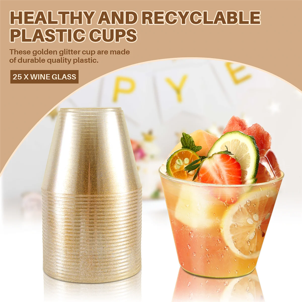 

ABZL Gold Plastic Cups Clear Plastic Wine Glasses, Fancy Disposable Hard Plastic Cups with Gold Glitter for Party Cups 25Pcs