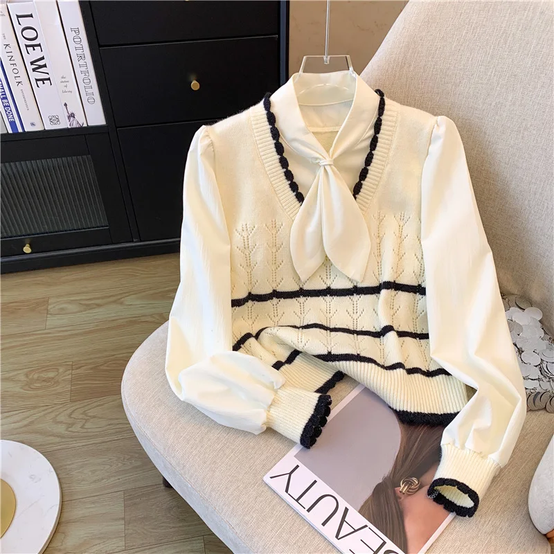 

Loose Long Sve Knitted Fake Two-Piece Women's Top with Bowtie Winter Faion Sweet Sle Online Exclusive S