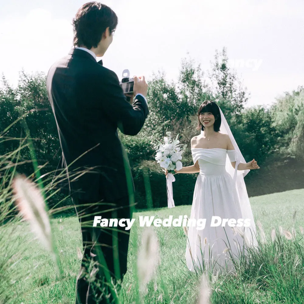 

Fancy Simple Off Shoulder Korea Wedding Party Engagement Dresses Photography A Line Taffeta Dress Corset Customized