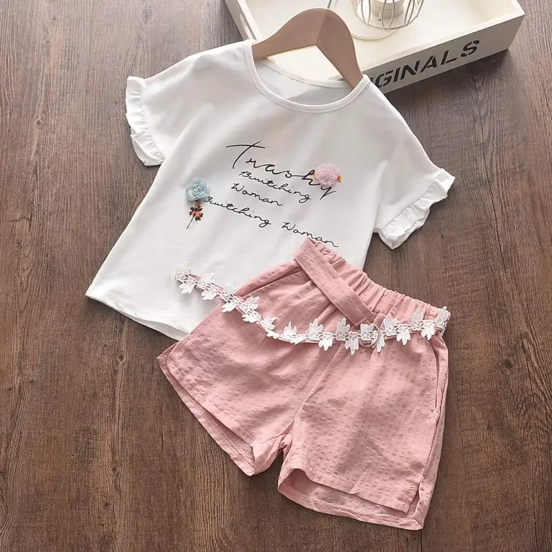 Girls Clothes Set New New Summer Sleeveless T-shirt and Print Bow Shorts for Girl Kids Clothes Children Clothing 3 5 7 Years