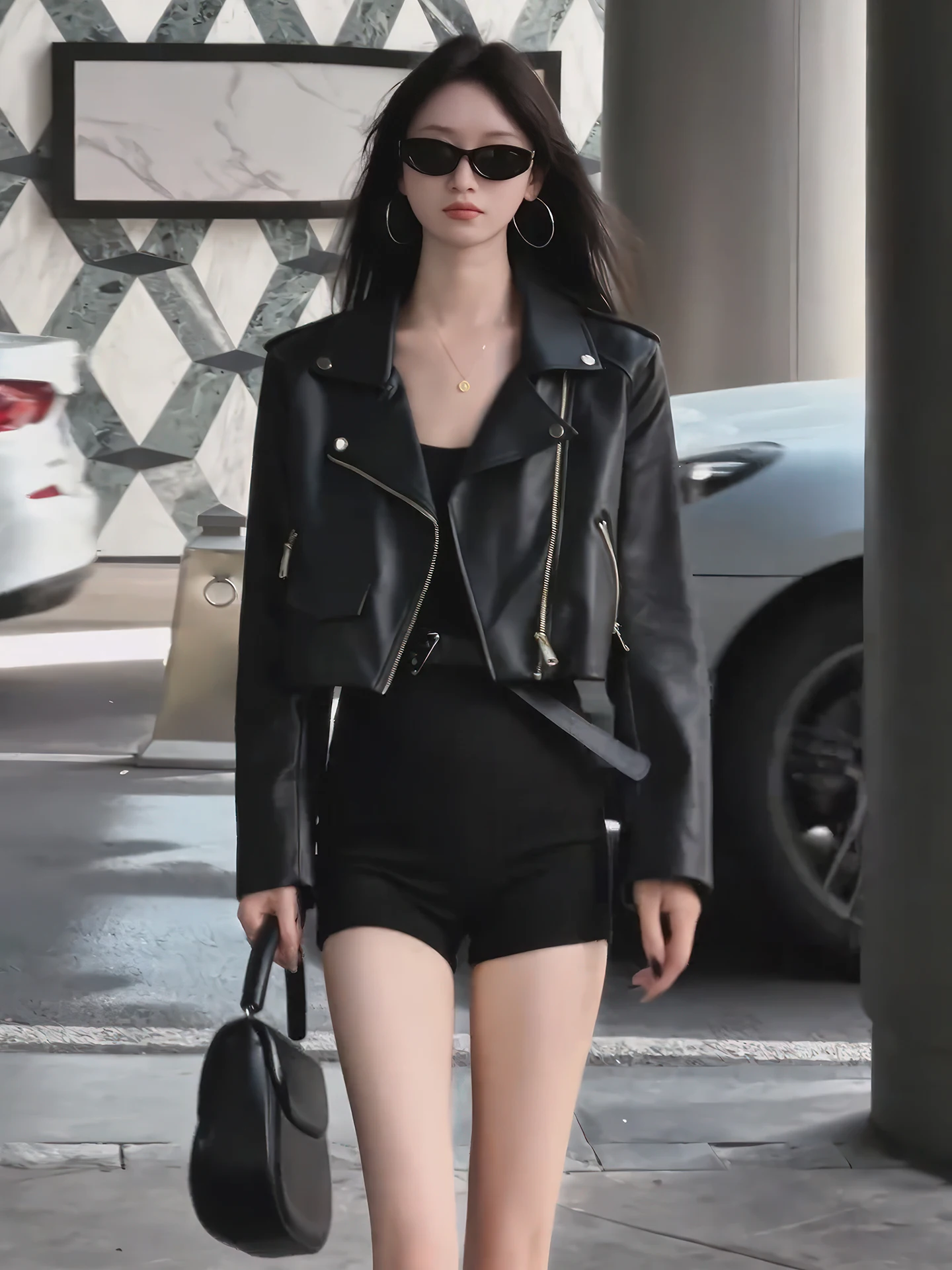 

Black Short High Waist Jacket Zipper Flip Collar Women's Leather Coat Fashionable Spring Autumn New Style Youth PU Leather
