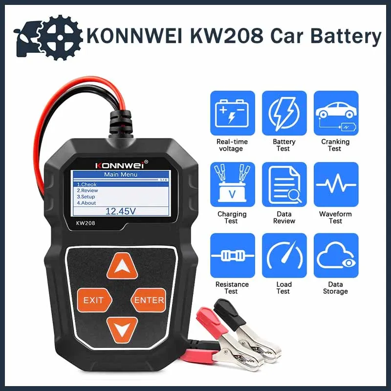 KONNWEI KW208 Battery Tester 12V Automotive Battery Charger Inspection Tools 100 to 2000CCA Cranking Charging Circut Analyzer