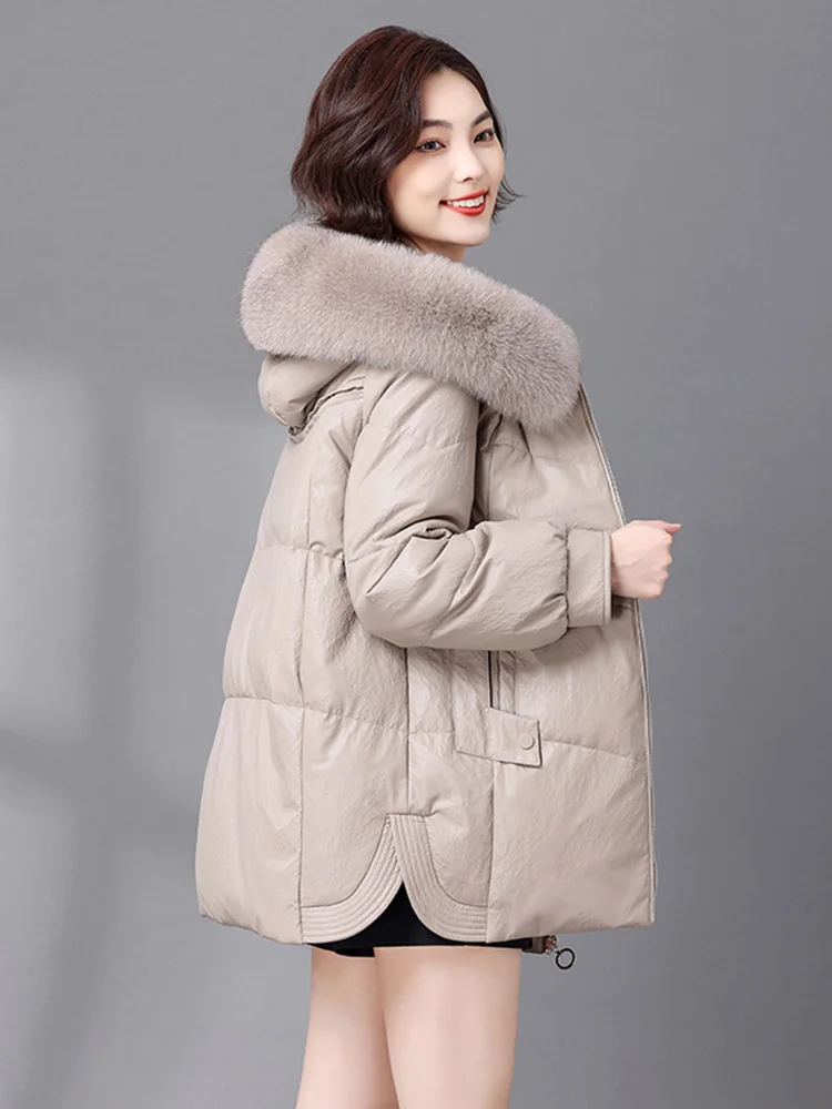 New Women Hooded Leather Down Jacket Winter Fashion Warm Real Fox Fur Collar Loose Sheepskin Down Coat Split Leather Outerwear