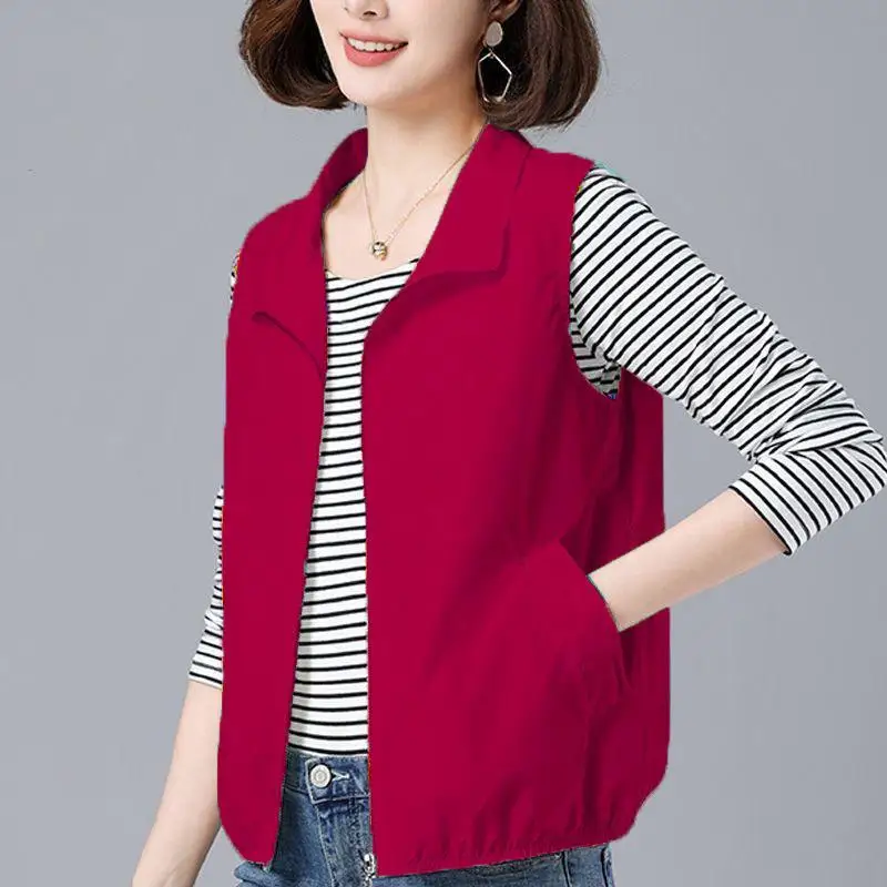 2024 Spring and Summer New Solid Color Sporty Shorts Women's Loose Lapel Cardigan Zipper Sleeveless Pockets Casual Vests Coats