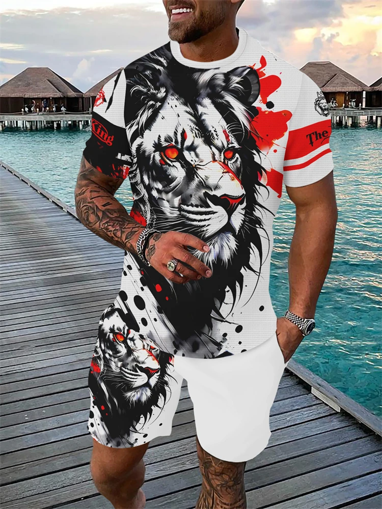 

Mens Summer TwoPiece Set Animal Lion 3D Print Crew Neck Short Sleeve T-Shirt & Drawstring Shorts Outdoor Breathable Athletic Set