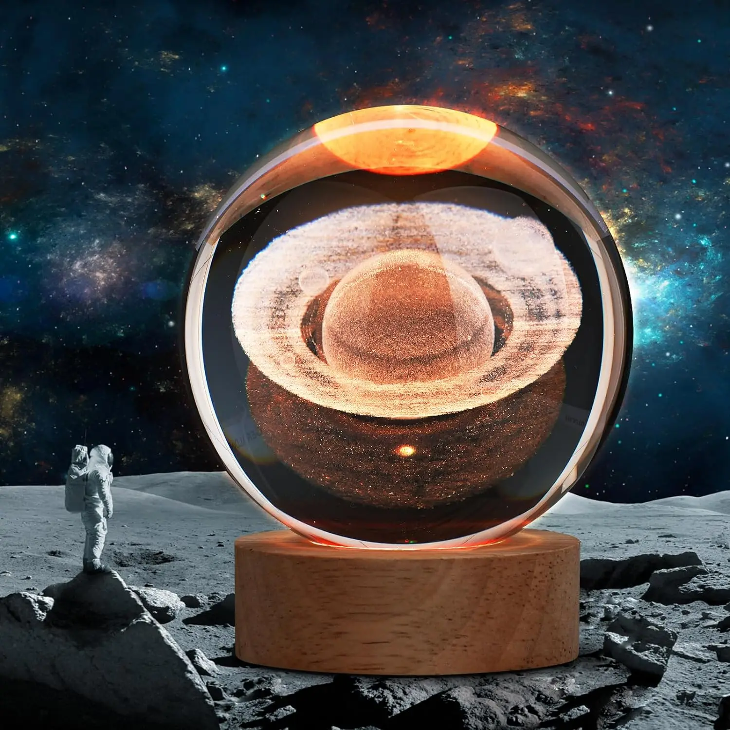 3D Solar System Moon Rose Saturn Inner Carved Crystal Ball Night Light with Wood Base, Birthday Gift for Teens Boys and Girls