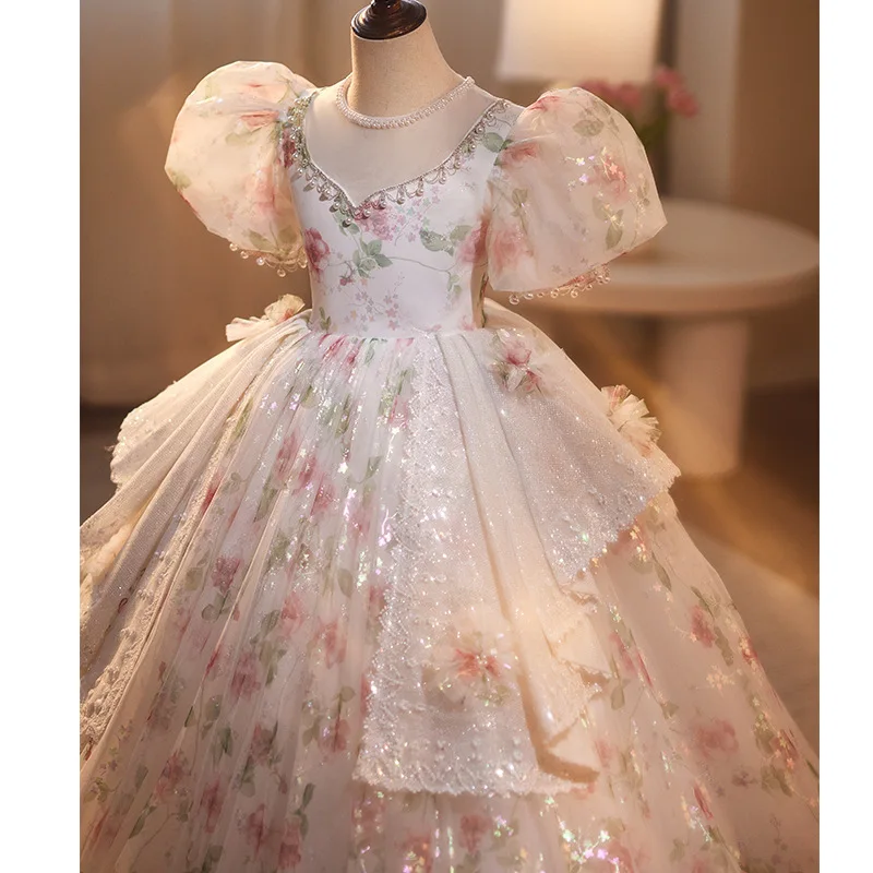 2024 Girl printing birthday dress girl host princess dress flower girl fluffy dress model runway piano performance dress