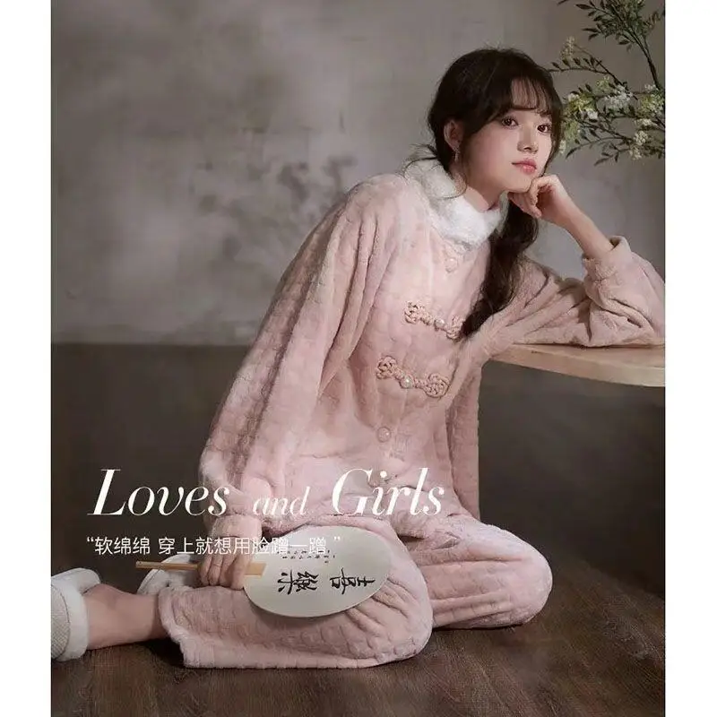 

Women's Pajama Set Comfortable Sleepwear Autumn Winter Thickened Coral Fleece New Style Flannel Pajamas Two Piece Home Clothes