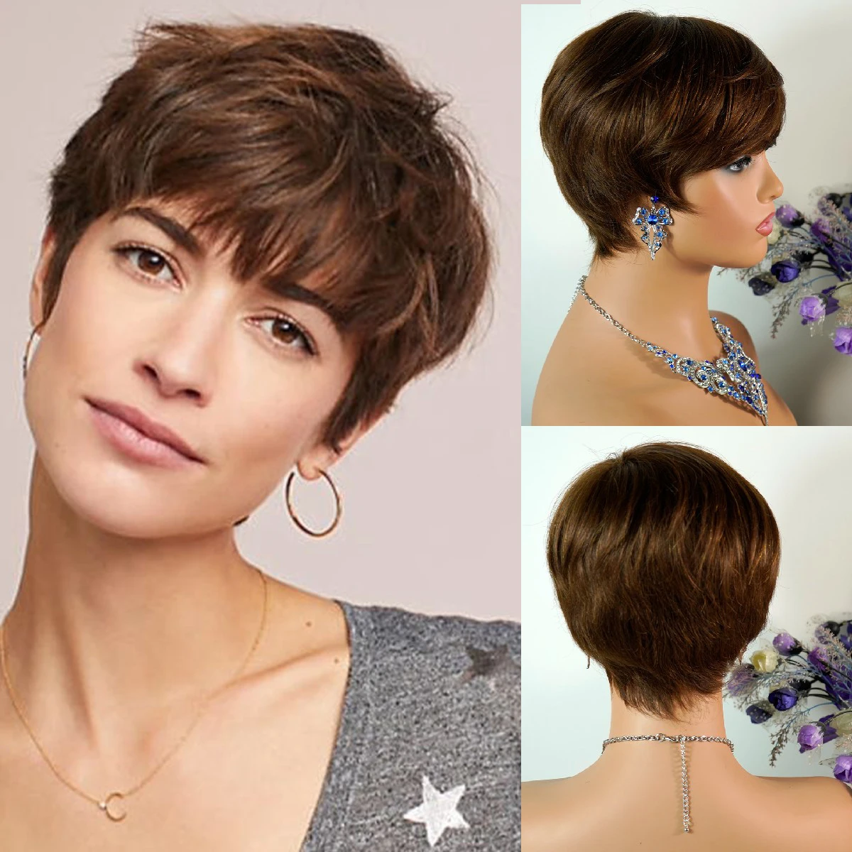 Natural Brown Short 100% Remy Human Hair Pixie Cut Wigs with Bangs for Black Women Machine Made Layered Straight Human Hair Wig