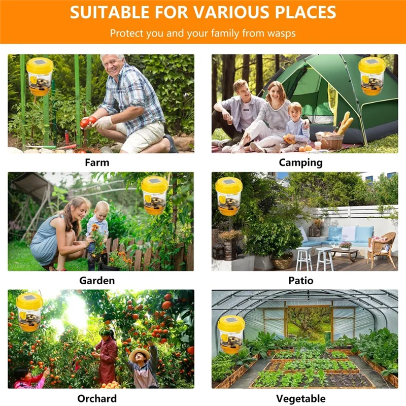 

ABJI-Solar Powered Wasp Traps 3 Pack Outdoor Hanging Carpenter Bee Traps For Outside Yellow, Jacket Trap