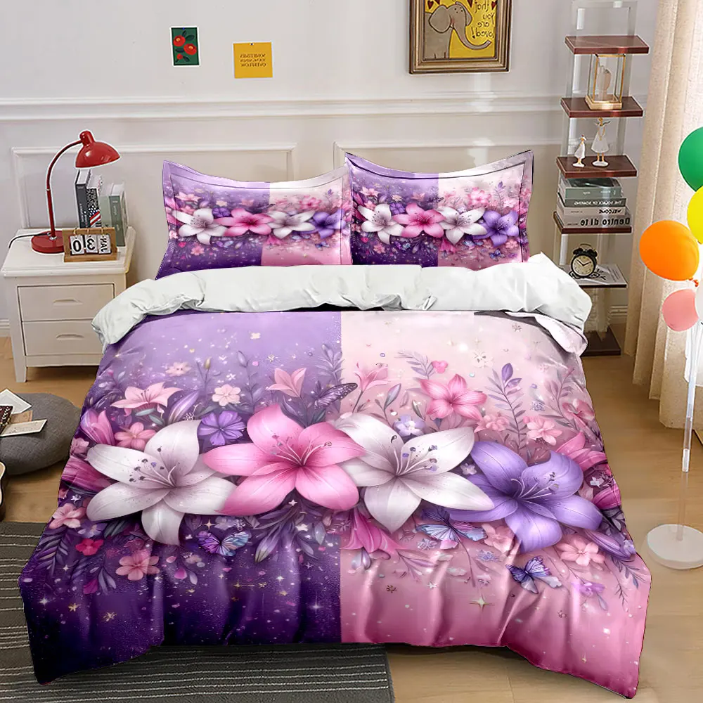 Stunning lilies with butterfly blossoms Printed Duvet Cover Set1 Duvet Cover+2 PillowcaseMulti Size Bedroom Bedding Decoration