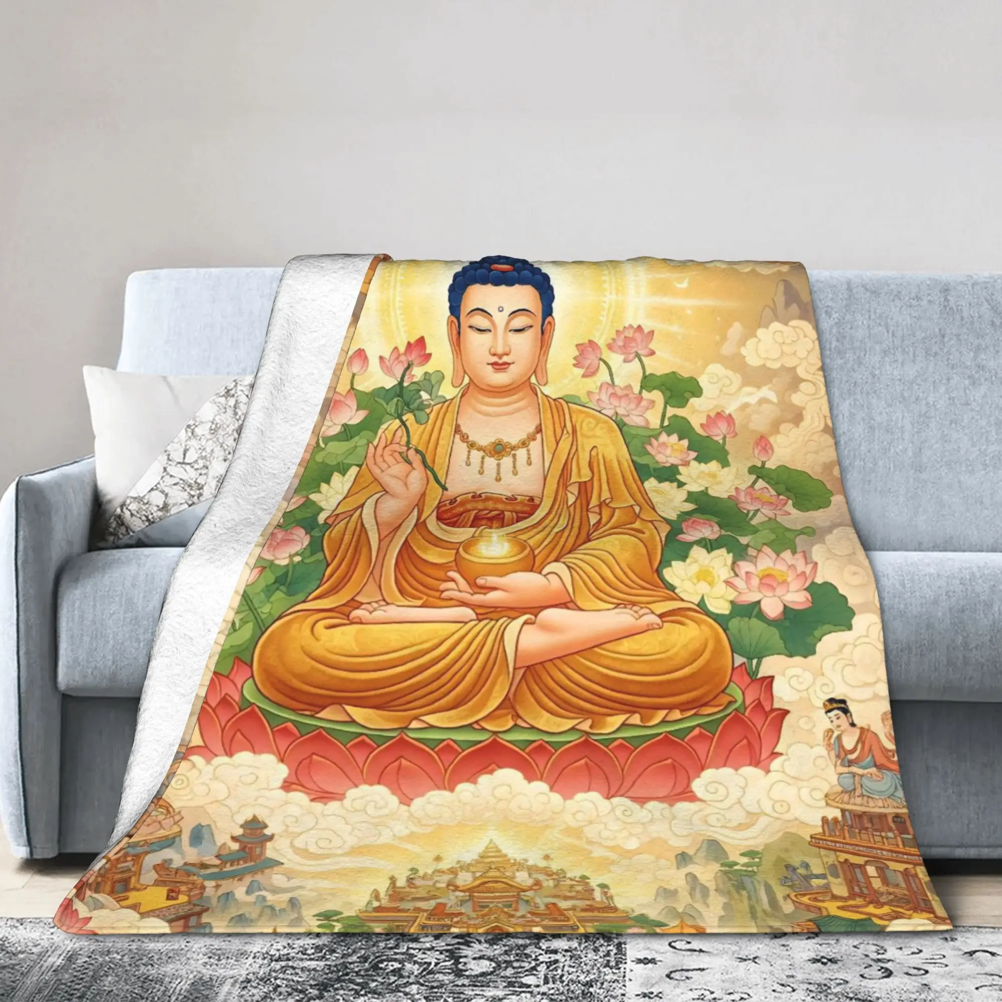 Buddha Tibetans Thangka Peaceful Blanket Cover Flannel Buddhism Lightweight Throw Blankets for Outdoor Travel Bedroom Quilt