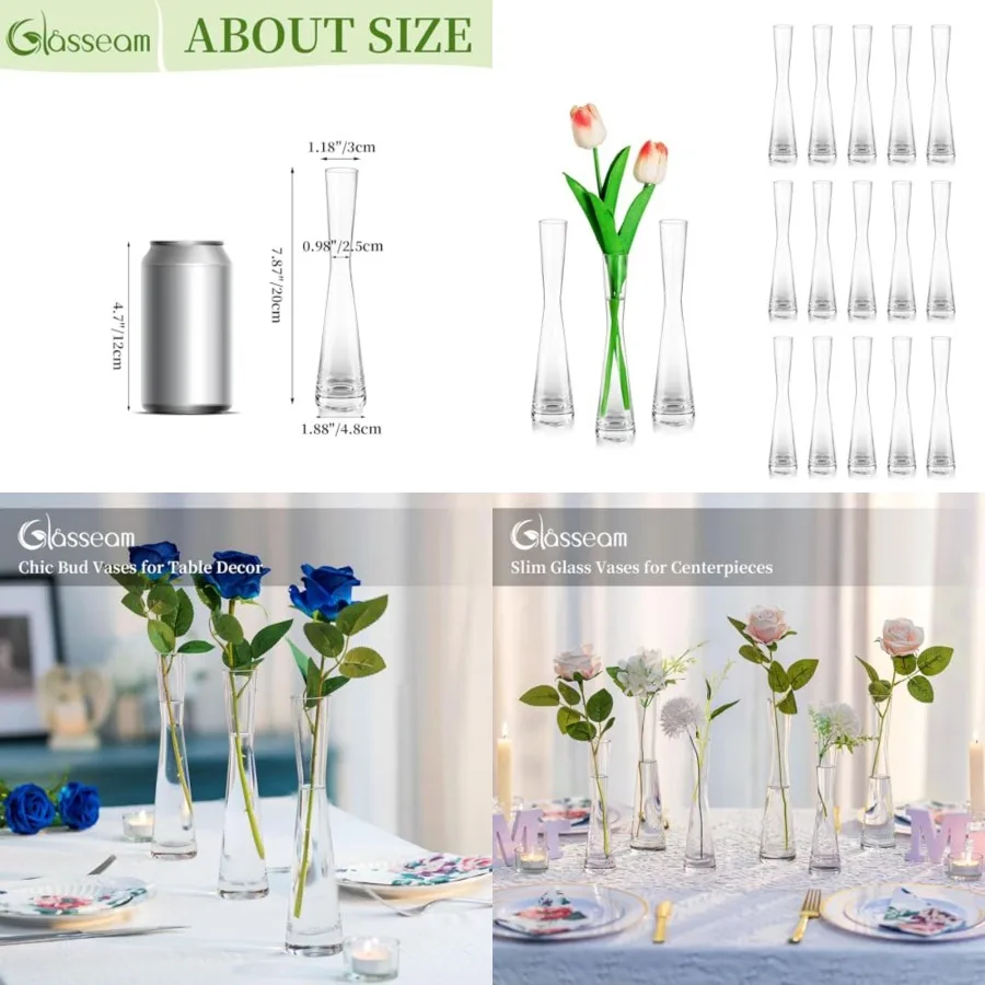 

Glass Bud Vases for Centerpieces: pcs Clear Skinny Small Vase for Flowers - 7.8" Tall Single Rose Table Decorations for Wedding