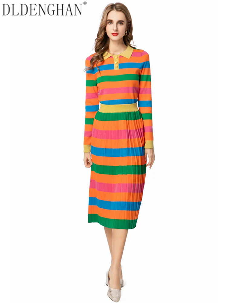 

DLDENGHAN Women's Long Sleeves Turn-down Collar Tops + Pleated Skirt High Street Striped Knitted Two-Piece Set Autumn Female