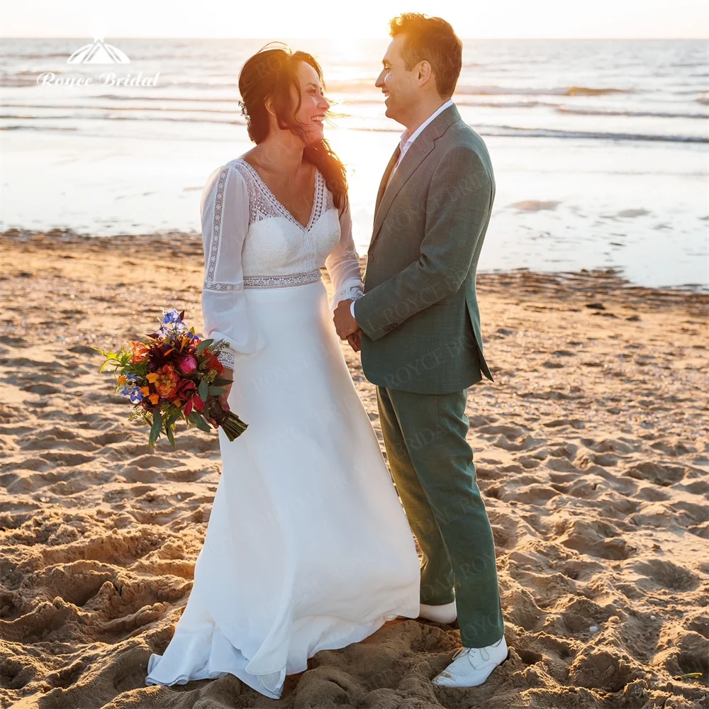 Robe de mariée en mousseline de soie à col en V pour femme, robe de mariée romantique A Line, manches longues lanterne, longueur au sol Boho, patients, quoi que ce soit