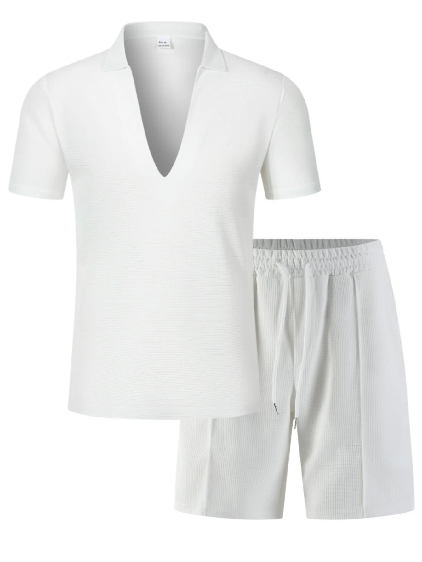 Men'sWaffle Knit 2 Piece Outfit Deep V Lapel Short Sleeve Polo Shirt & Drawstring Casual Shorts Summer Matching Tracksuit ForMen