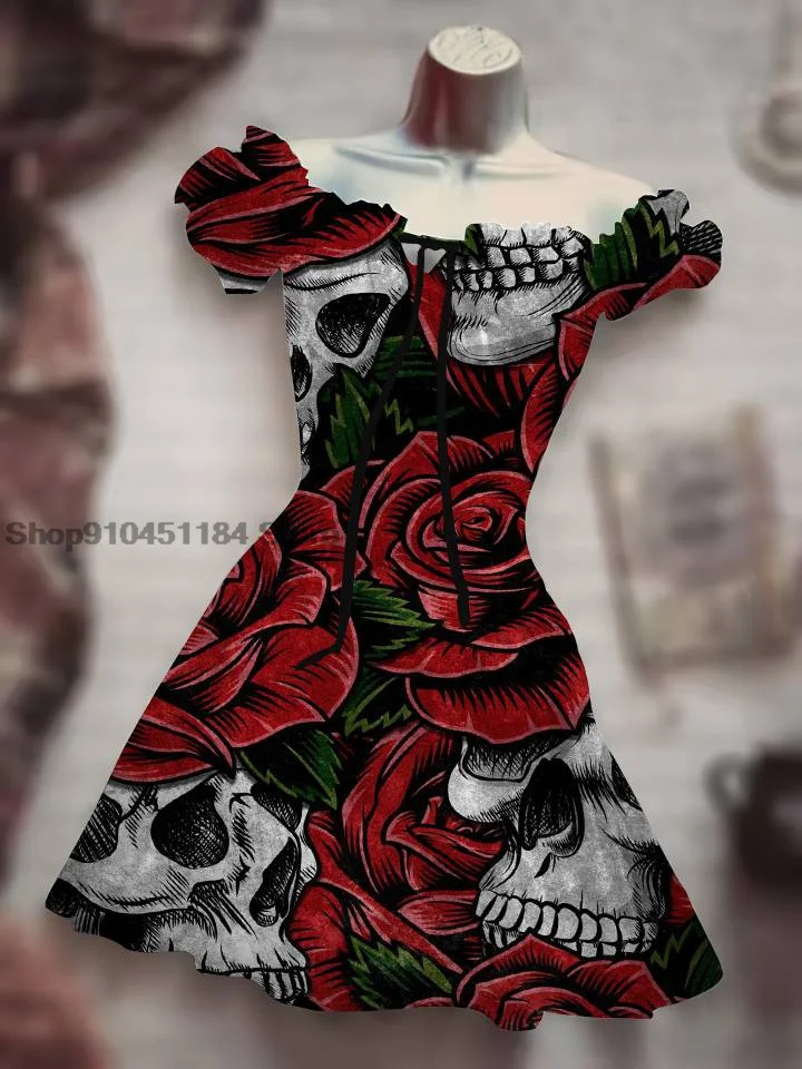 Summer New 3D Women's Halloween Fun Print Scary Skull Sexy Short Skirt Hawaiian Bohemian Fluffy Sleeves Drawstring Dress