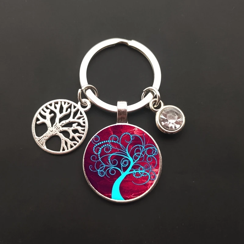 New round tree of life key chain crystal stone pendant key chain key ring car bag glass cabochon wholesale jewelry image 3