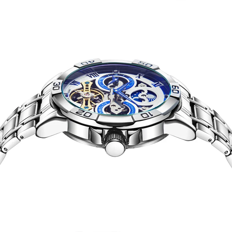 KunHuang Original Men's Automatic Mechanical Moon Phase Watch Stainless Steel Skeleton Waterproof Fashion Wristwatch For Man
