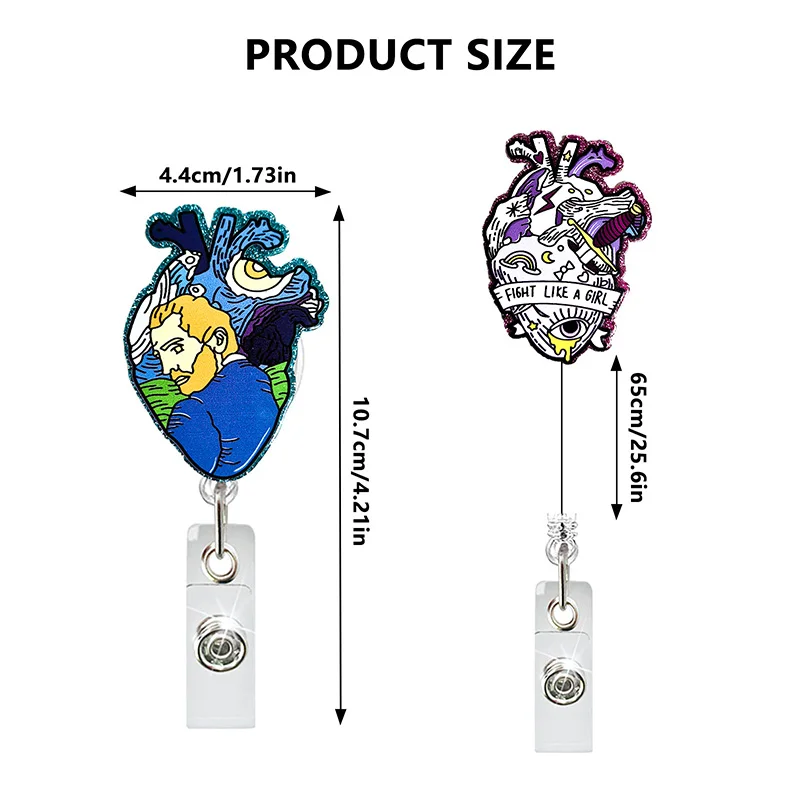 6 Colors Glitter Acrylic Heart Nurse Badge Reel Retractable ID Badge Holder With 360 Rotating Alligator Clip Name Holder