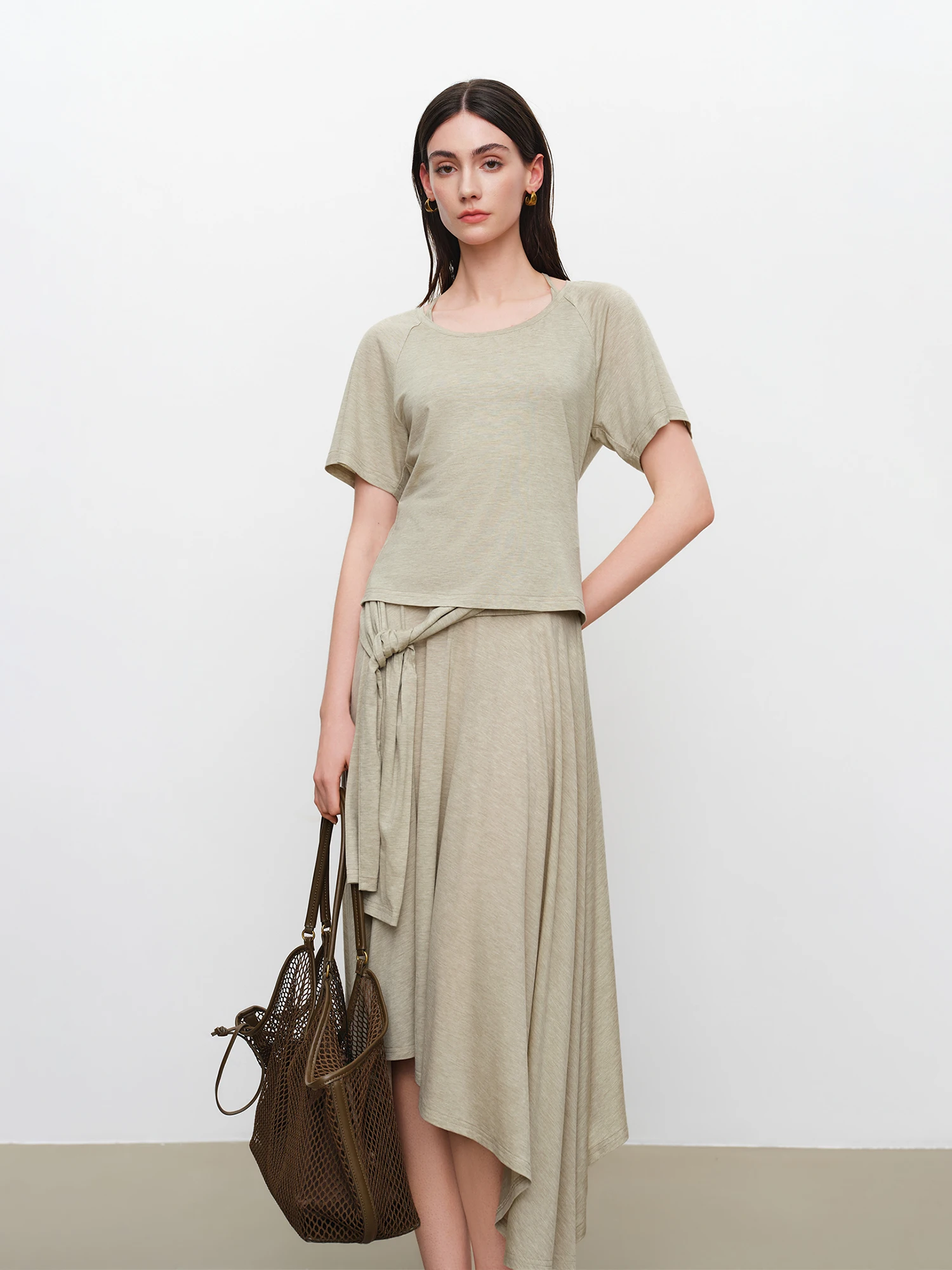 ZIQIAO Women 3 Pieces Outfit O-Neck Short Sleeve Tops Halter Camisole High Waist Irregular Midi Skirt Slim Casual Solid Daily image 2