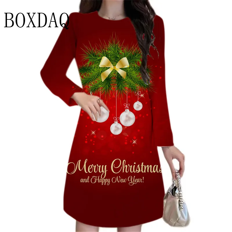 New Year 2024 Merry Christmas Party Dresses Winter Women Long Sleeve Festival Letter Print Dress Fashion Loose A-Line Mini Dress