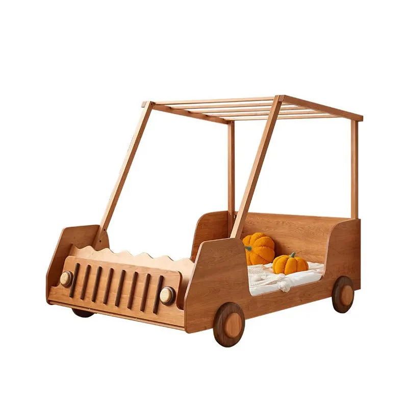 Tempat tidur anak model mobil sport kartun, tempat tidur anak kayu solid dengan pagar