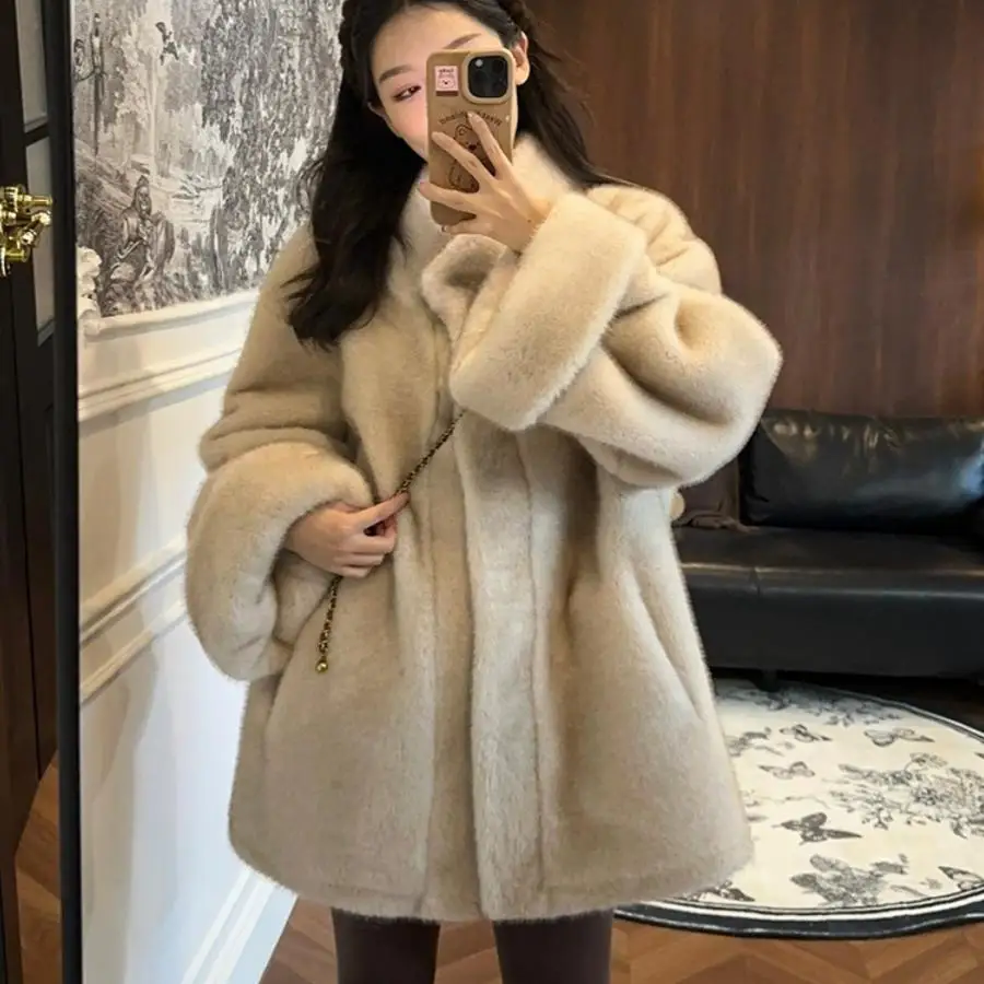 2025 Winter New Korean Edition Medium to Long Coat Stand Collar Loose and Environmentally Friendly Fur Women's Fur Coat Versatil