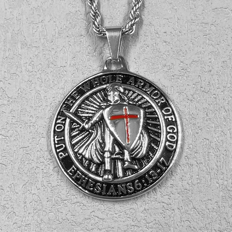 Men's Pendant Stainless Steel gold color Cross Red Armor Shield Knight Templar Crusader Cross Necklace Punk Jewelry image 3