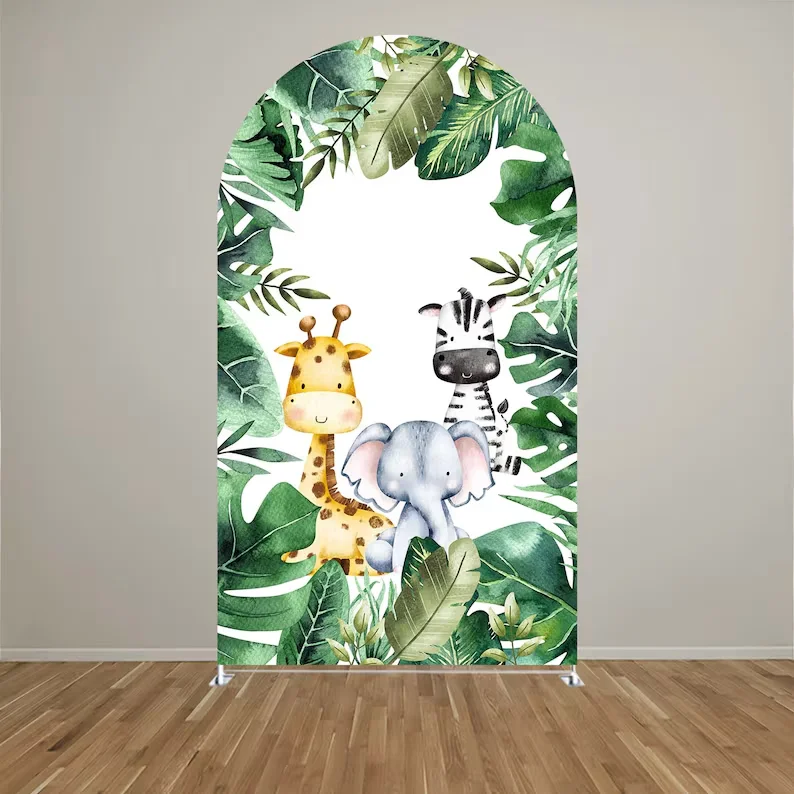 Mehofond Jungle Solid Color Animal Arched Backdrop Boy Birthday Party Tropical Green Leaves Decor Cover Double-sided Background