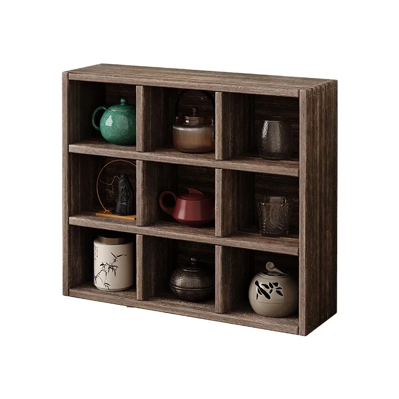 Desktop solid wood multi grid antique storage rack, tea cup, purple clay teapot, multi treasure display racks