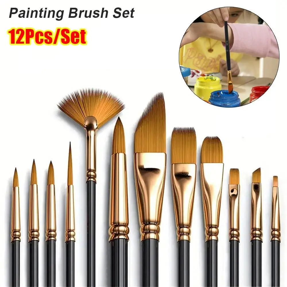 12Pcs/Set Nylon Hair Painting Brush Set Acrylic Materials Watercolor Gouache Oil Painting Brush Multi-functional Short Wood Rod