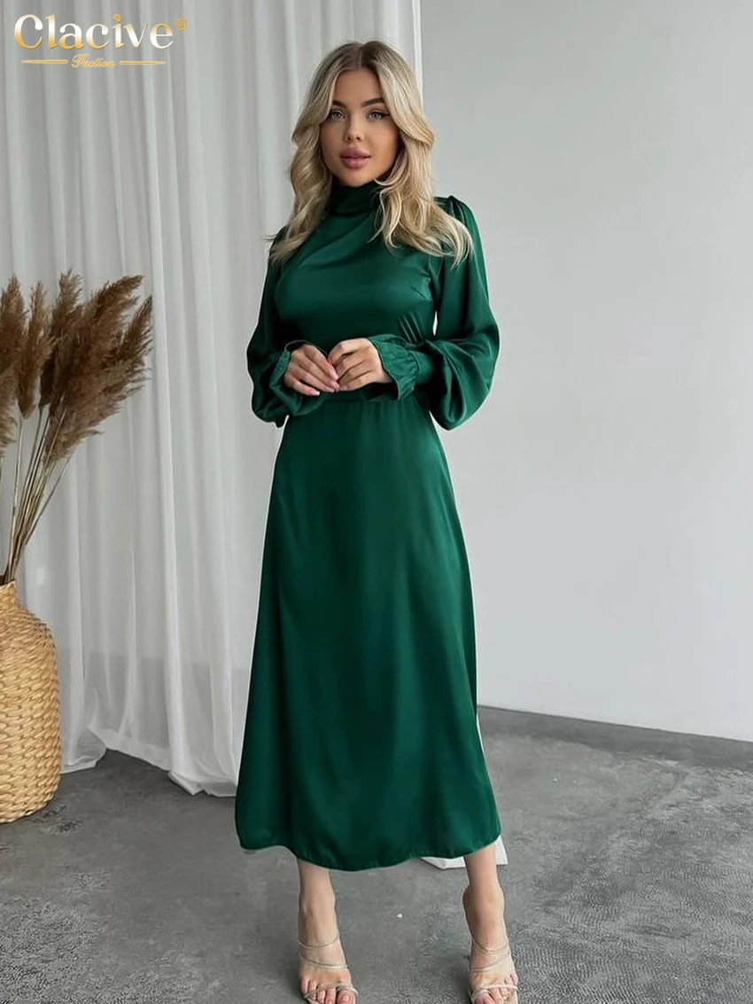 Clacive Mode lose grün Satin Damen kleid elegante Stehkragen Langarm Midi Kleider lässig klassische Frauen kleid