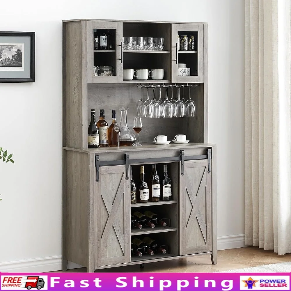 

Farmhouse Coffee Bar Cabinet Sliding Barn Door Buffet Cabinet Storage Shelves Liquor Cabinet Wine Rack Stemware Holder