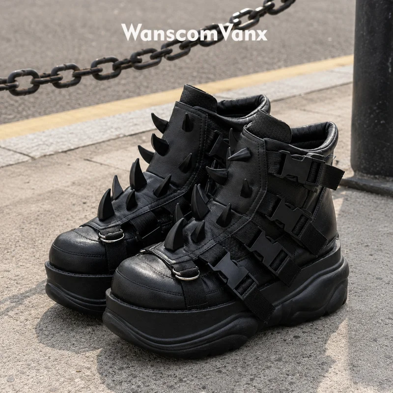 2026 New Genuine Leather Women Punk Muffin Platform Short Boots Retro Metal Rivet Heavy Duty Sports Ankle Boots Casual