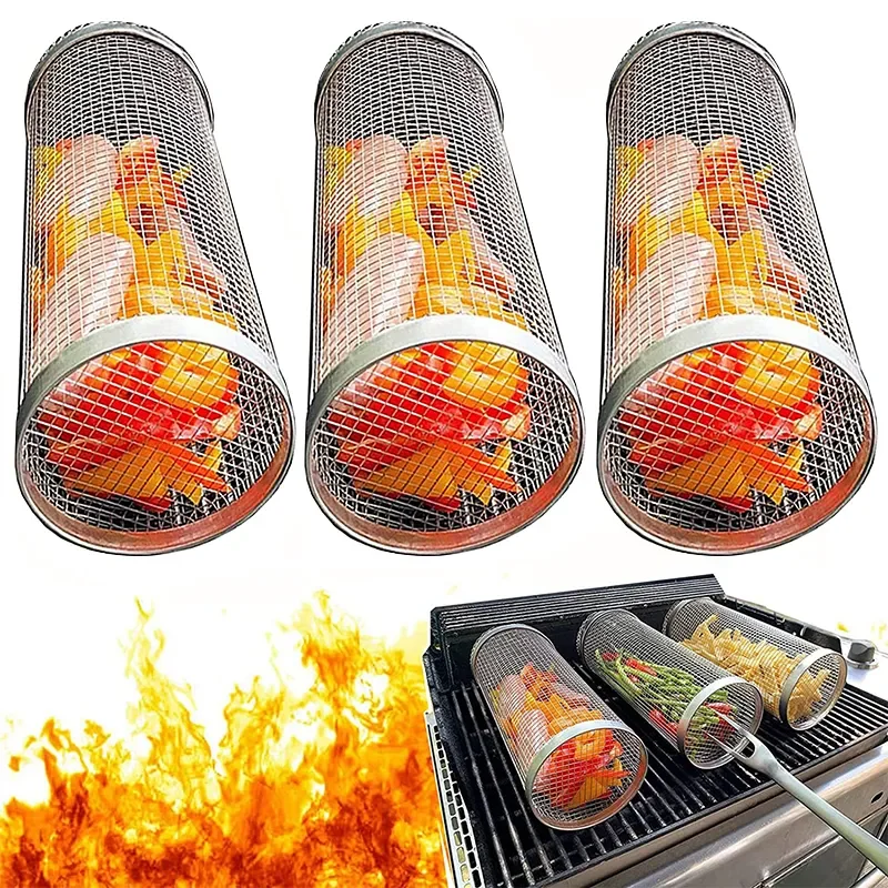 

Steel Greatest Round BBQ Cage Barrel Grill Mesh Burning Roasted Camping Barbecue Basket Grilling Rack