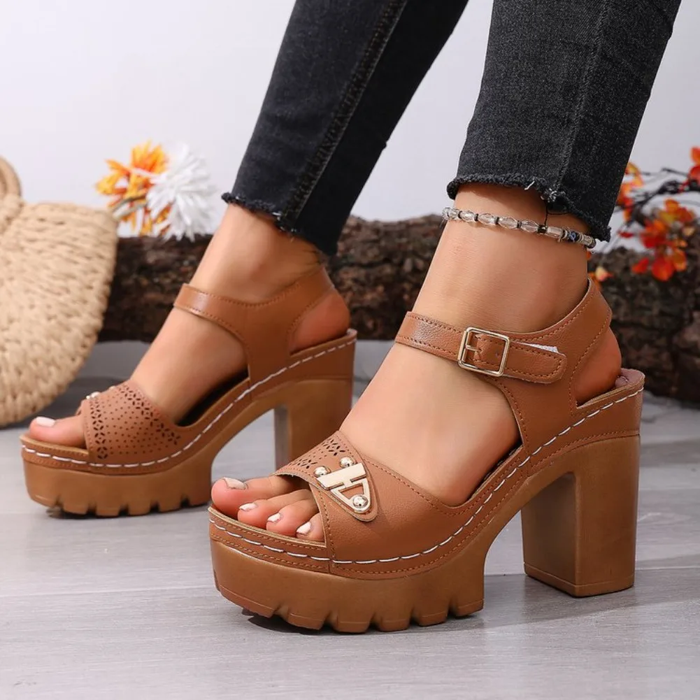 Women's Chunky Heel Sandals Adjustable Buckle Strap Plus Size Shoes Solid Color One Line Fashion Sandals for Women Summer 2026
