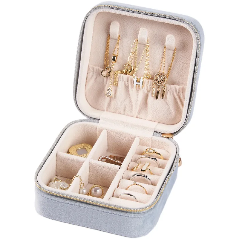 Elegant Flannel Jewelry Storage Box With Zipper Multifunctional Portable Square Jewel Organizer