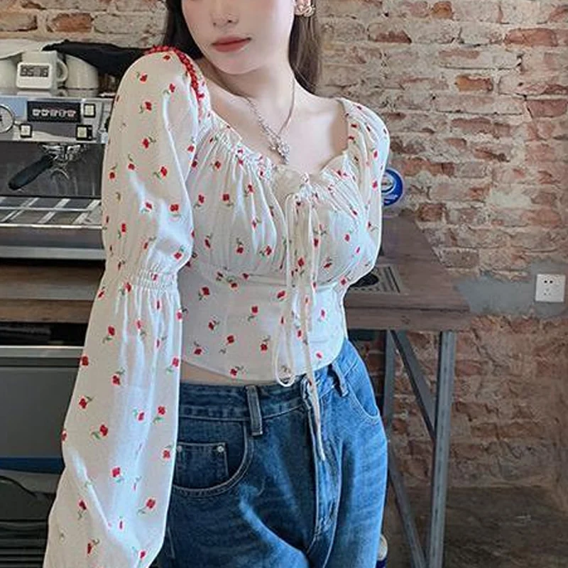 Spring Summer Floral Printing Fashion Lantern Sleeve Blouse Women High Street Casual Lacing Pleated Elegant All-match Pullovers