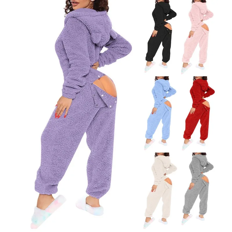 Women Plush Velvet Hooded Jumpsuits Button Open Butt Fluffy Hoodies Bodysuits Casual Playsuits Tracksuits One-piece Overalls 2XL